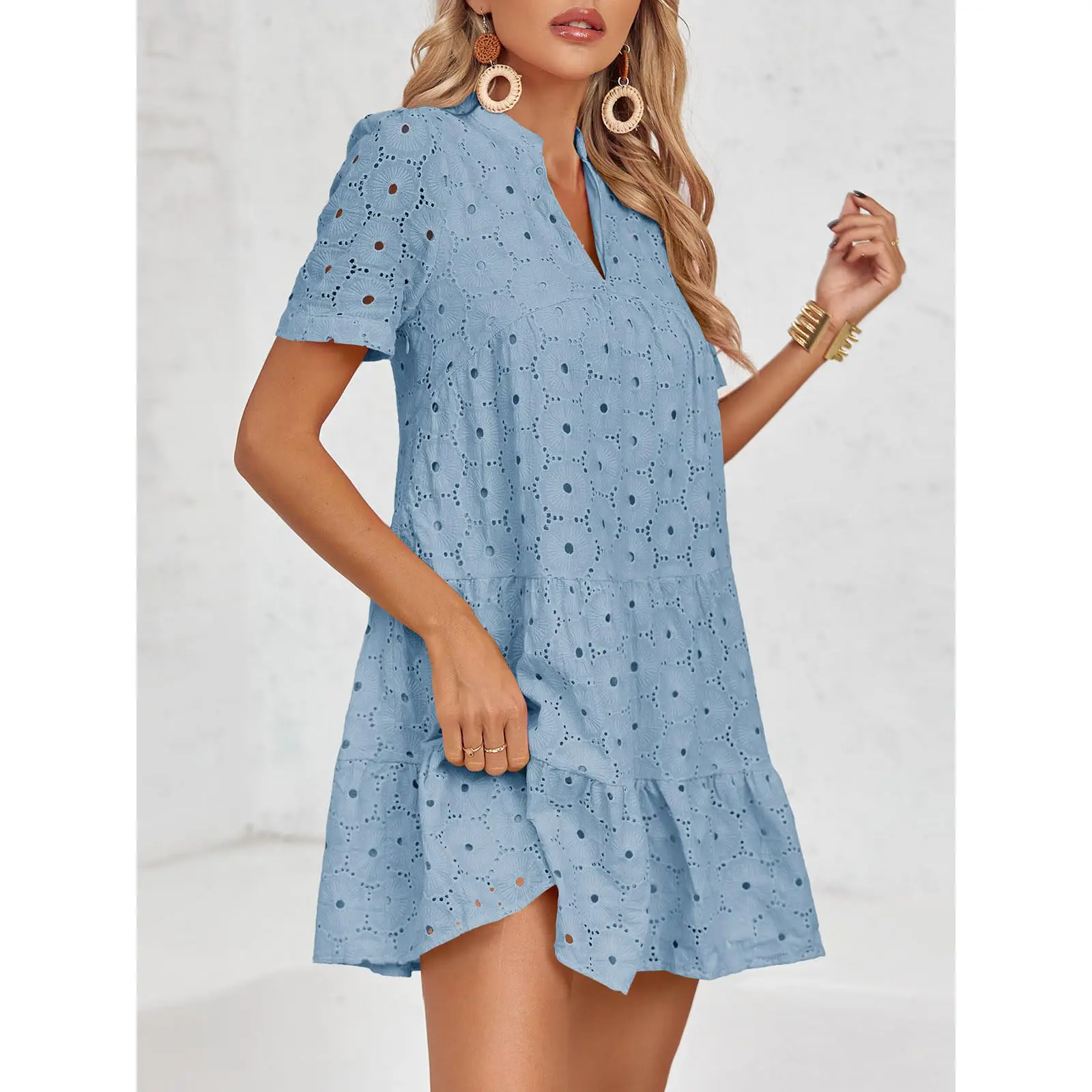 Women’s Summer Lace Dresses Eyelet Casual Flowy Babydoll Swing Short Sleeve V Neck Tunic Dress