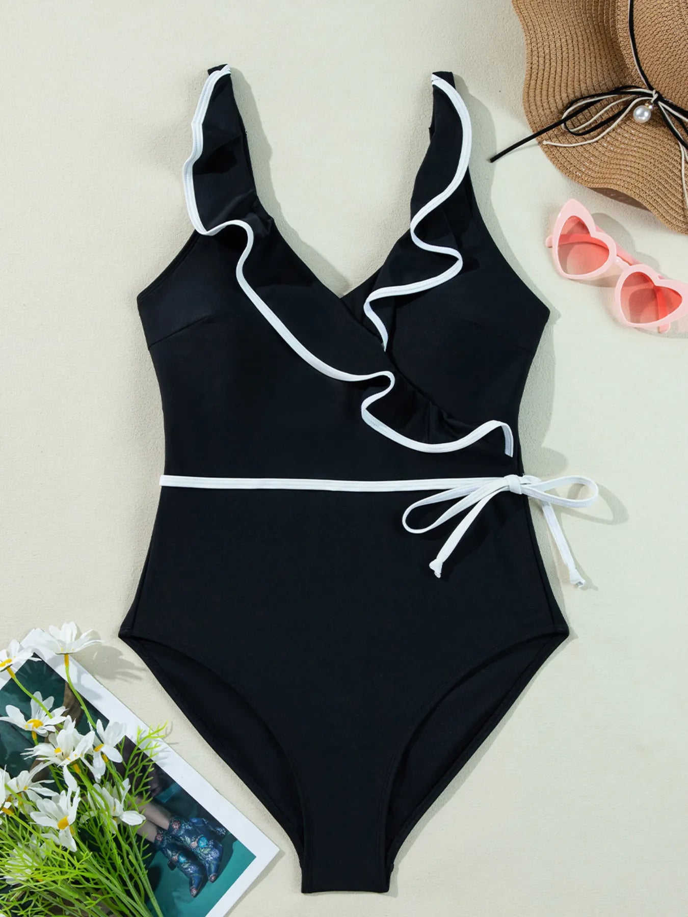 Ruffle Trim V-Neck One-Piece Swimsuit