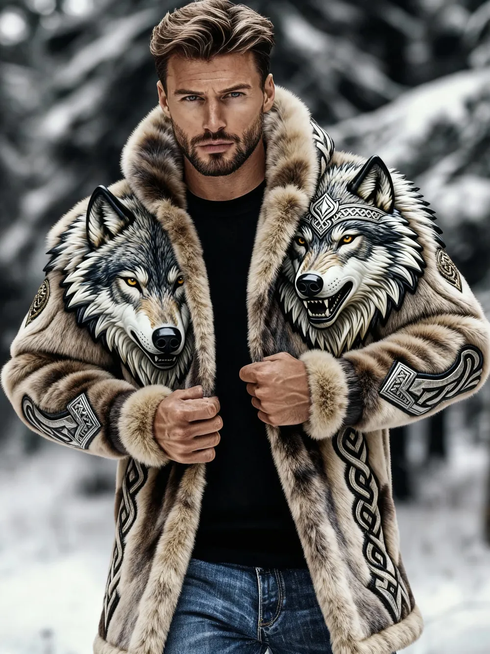 Men's Vintage Viking Wolf Warm Fur Coat