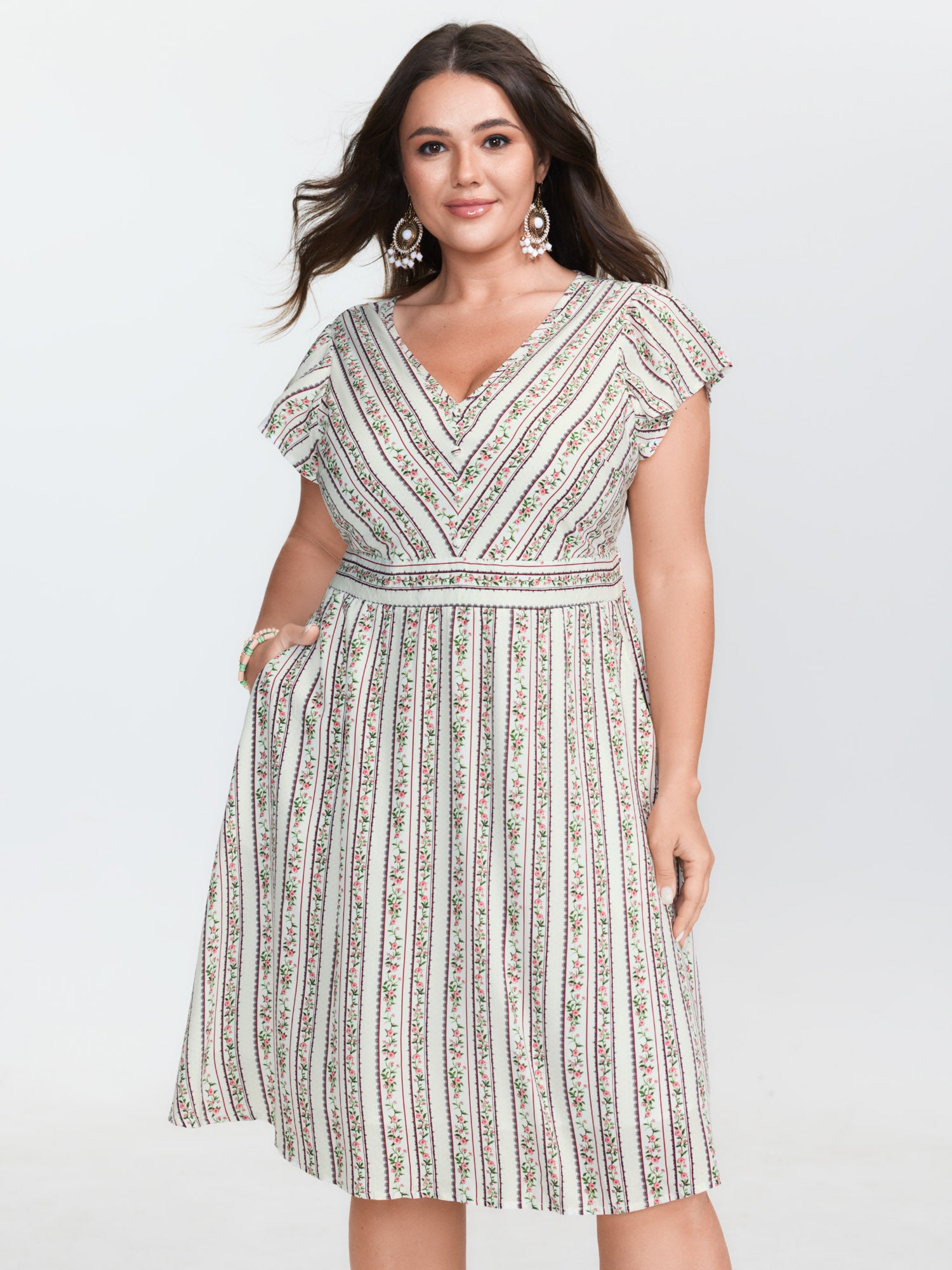 Floral Striped Print Pockets V-Neck Mini Dress