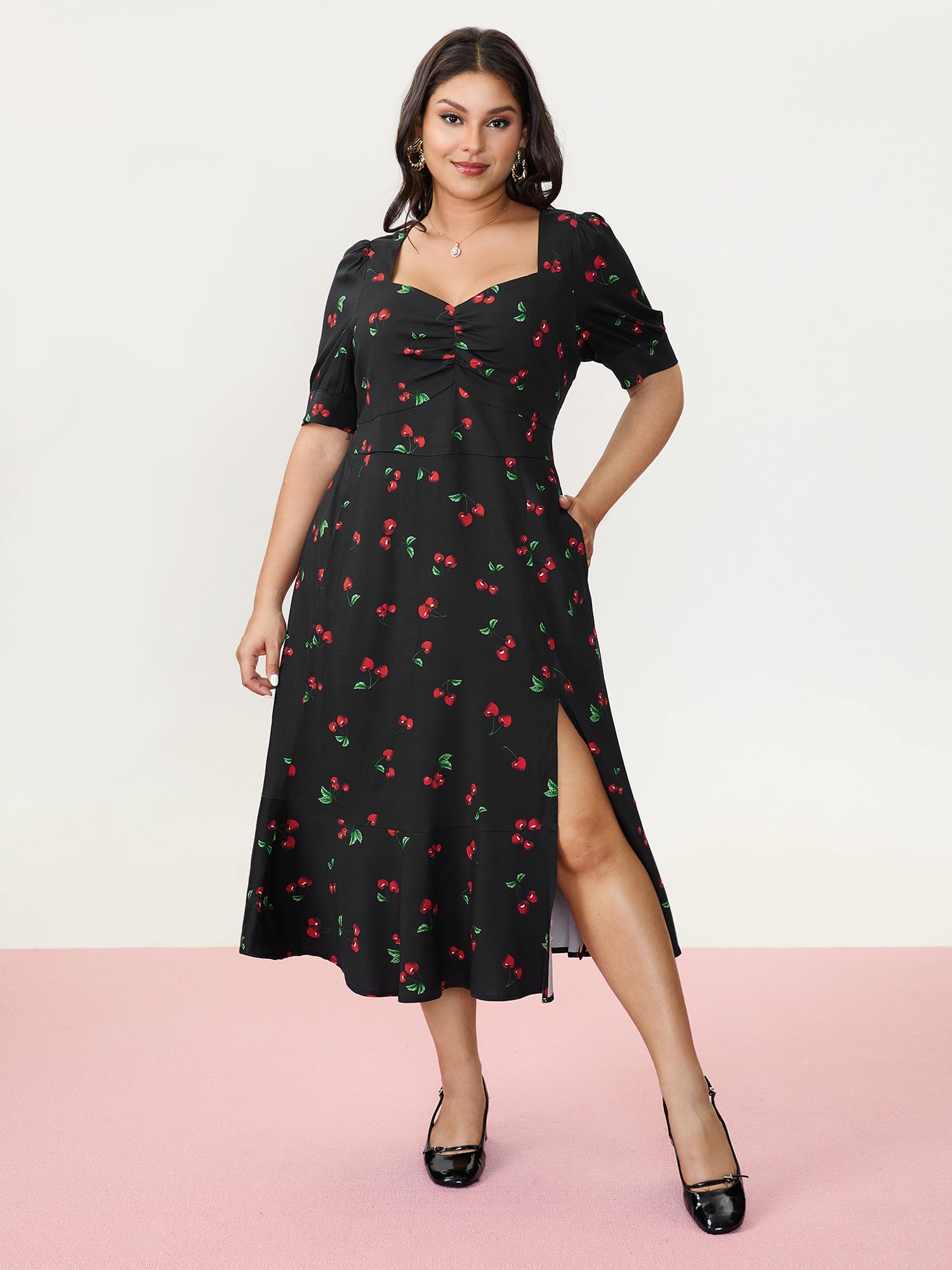 Cherry Print Split Hem Midi Dress