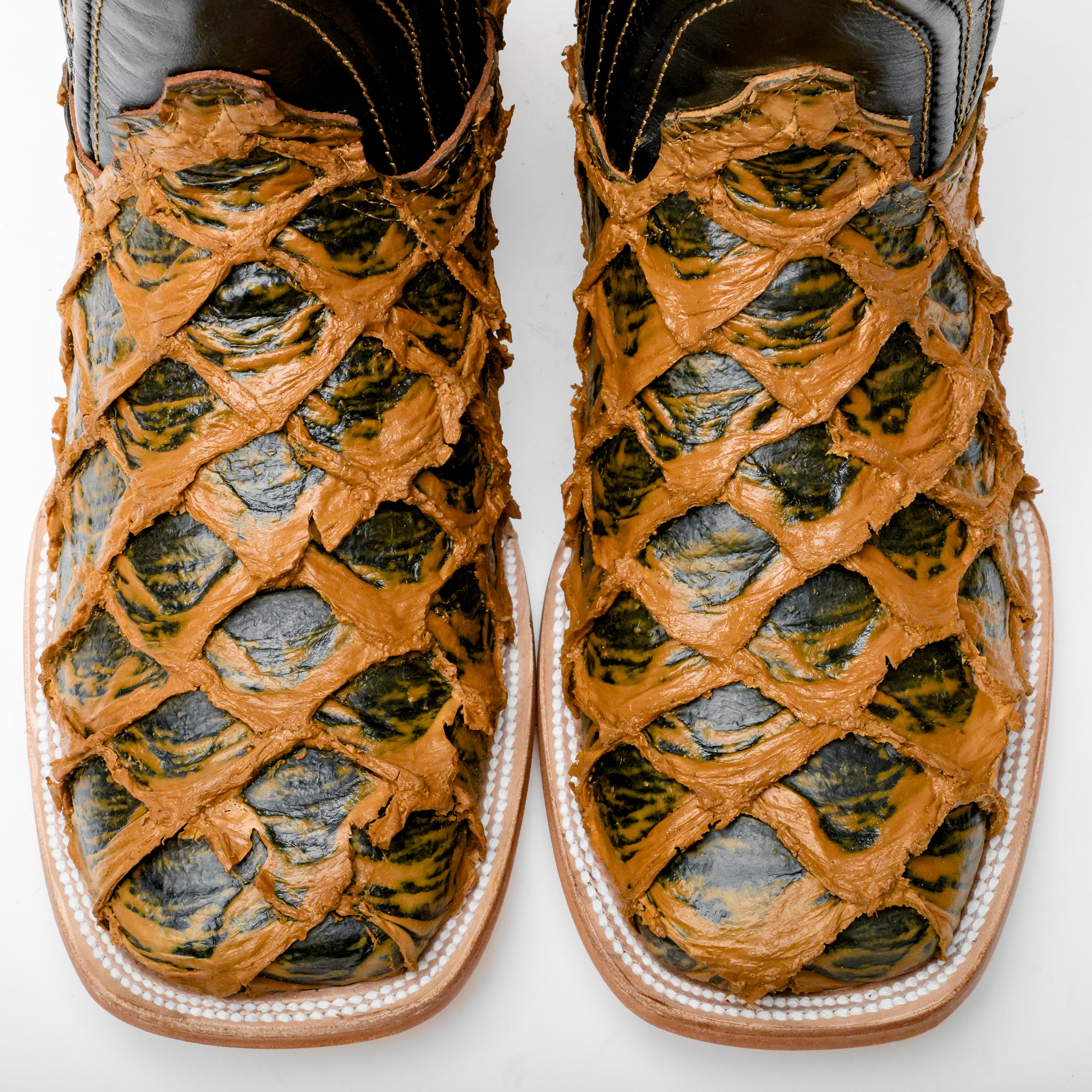 Brown Rustic Jumbo Pirarucu Leather Boots - Square Toe