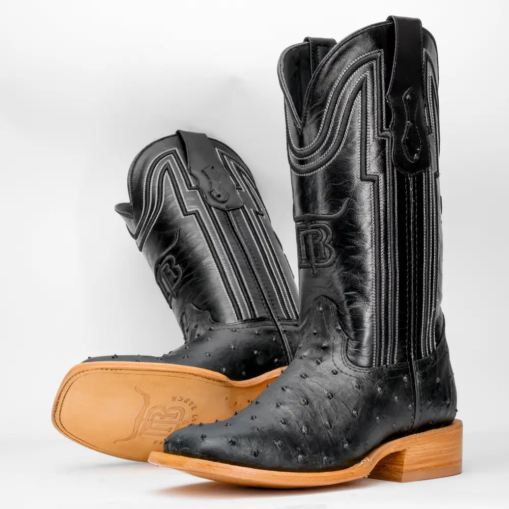 Black Ostrich Leather Boots - Square Toe