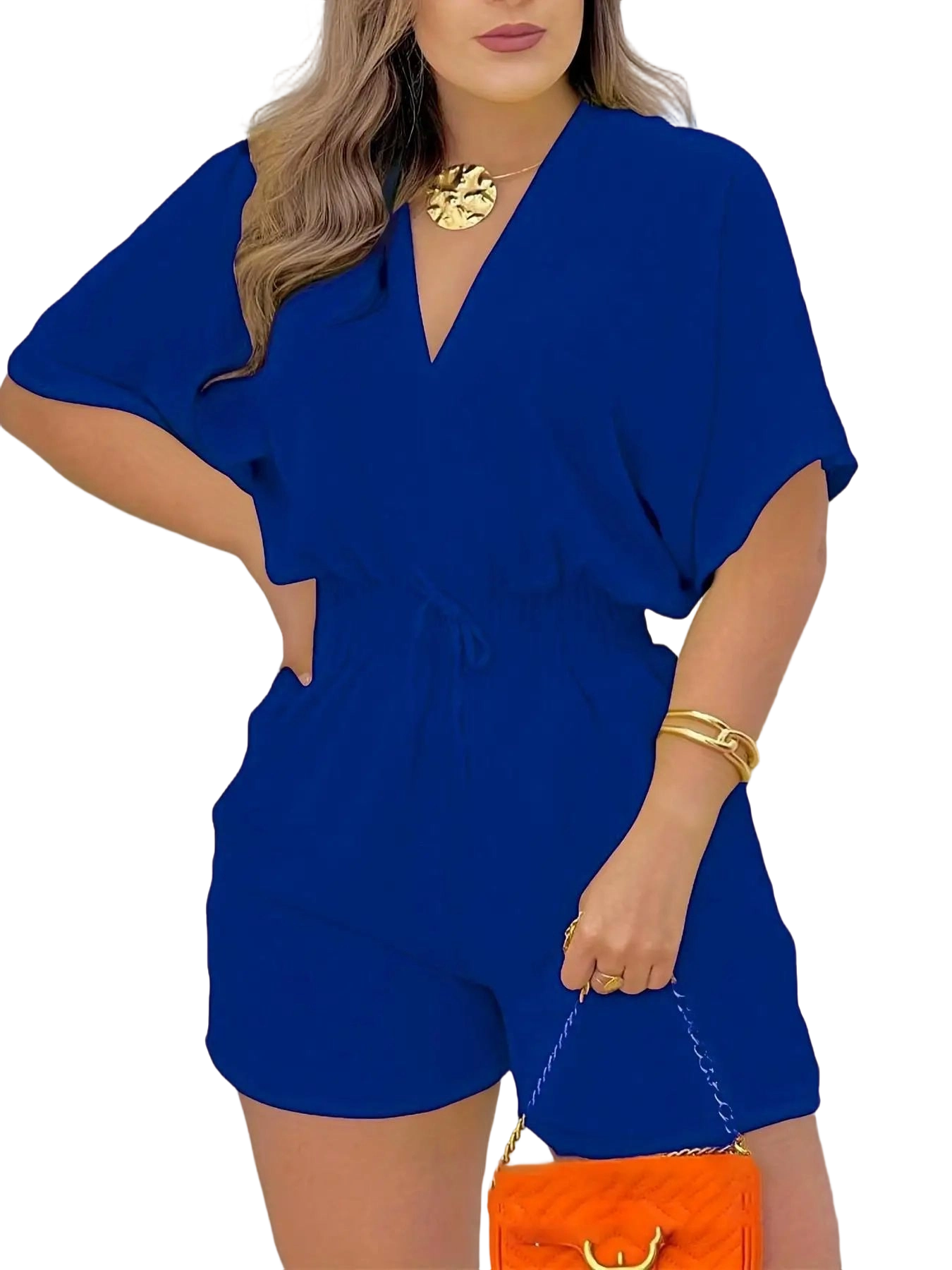 Women's Plain Drawstring Shirred Waist V Neck Romper