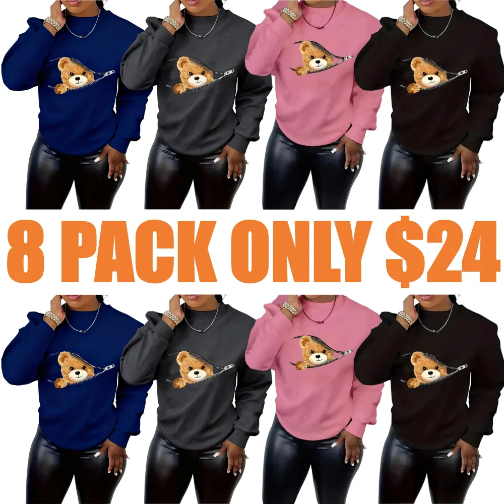 Women's Cartoon Bear Print Drop Shoulder Longsleeves