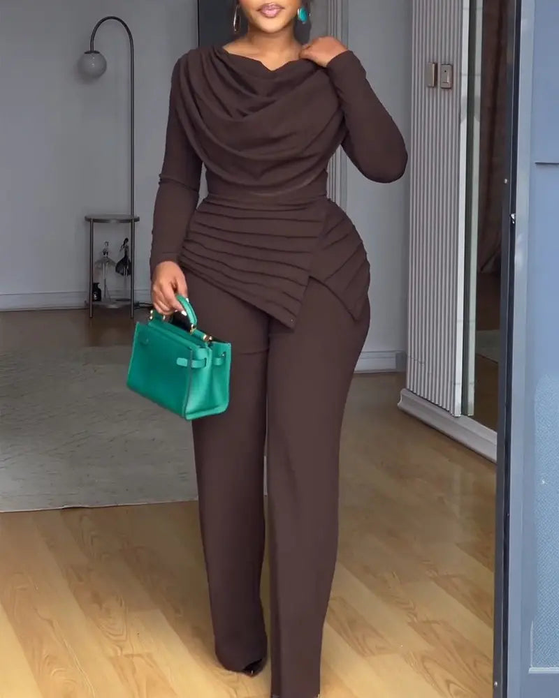 Cowl Neck Asymmetrical Patchwork Ruched Jumpsuit Casual Cinched Waist Zipper Back Straight Leg Jumpsuit