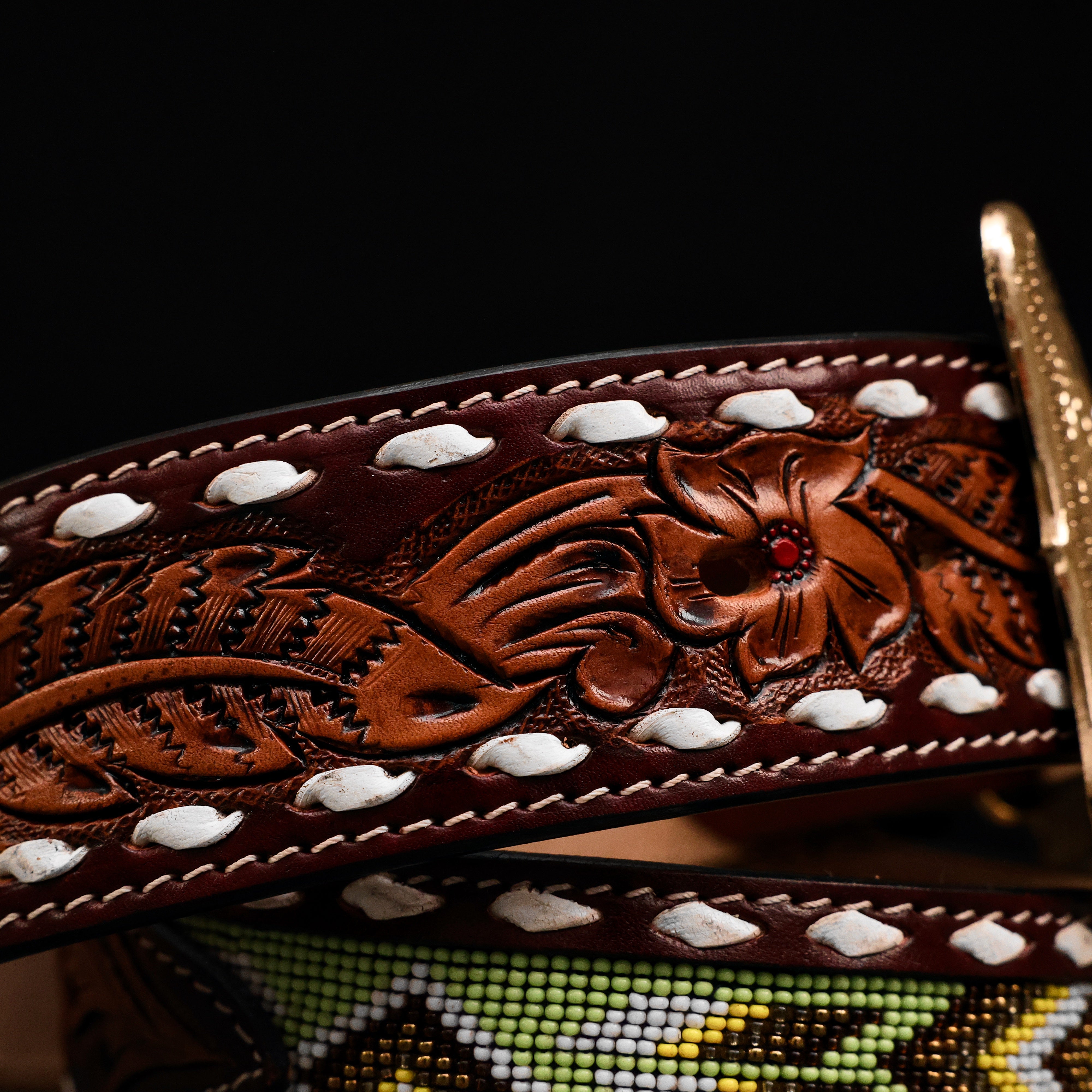 2 Inch Hand-Tooled Artesanal Beaded Leather Belt