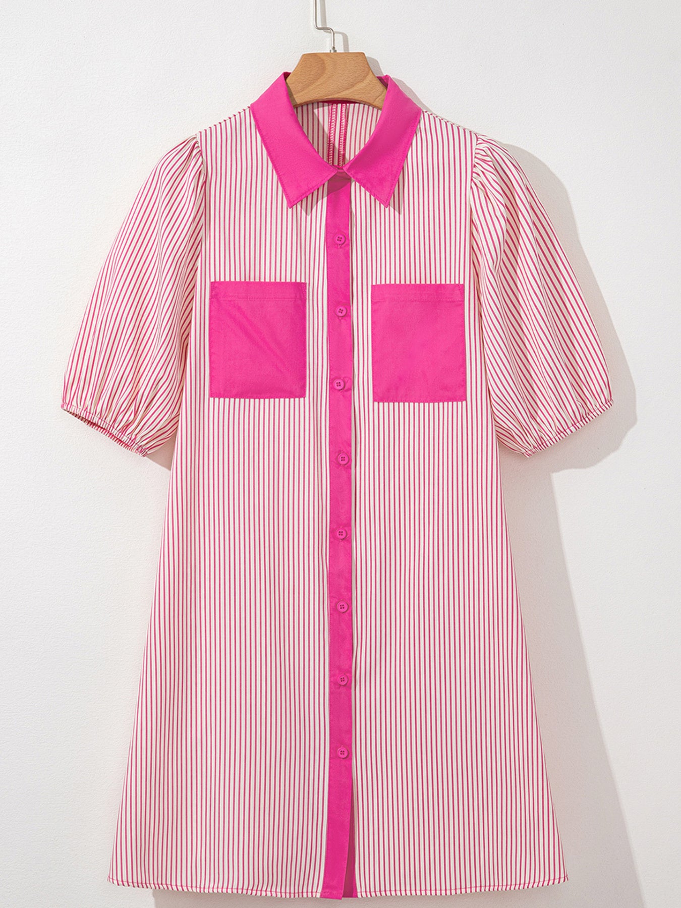 Stripe Color Block Patchwork Shirt Collar Button Down Puff Sleeve Mini Dress