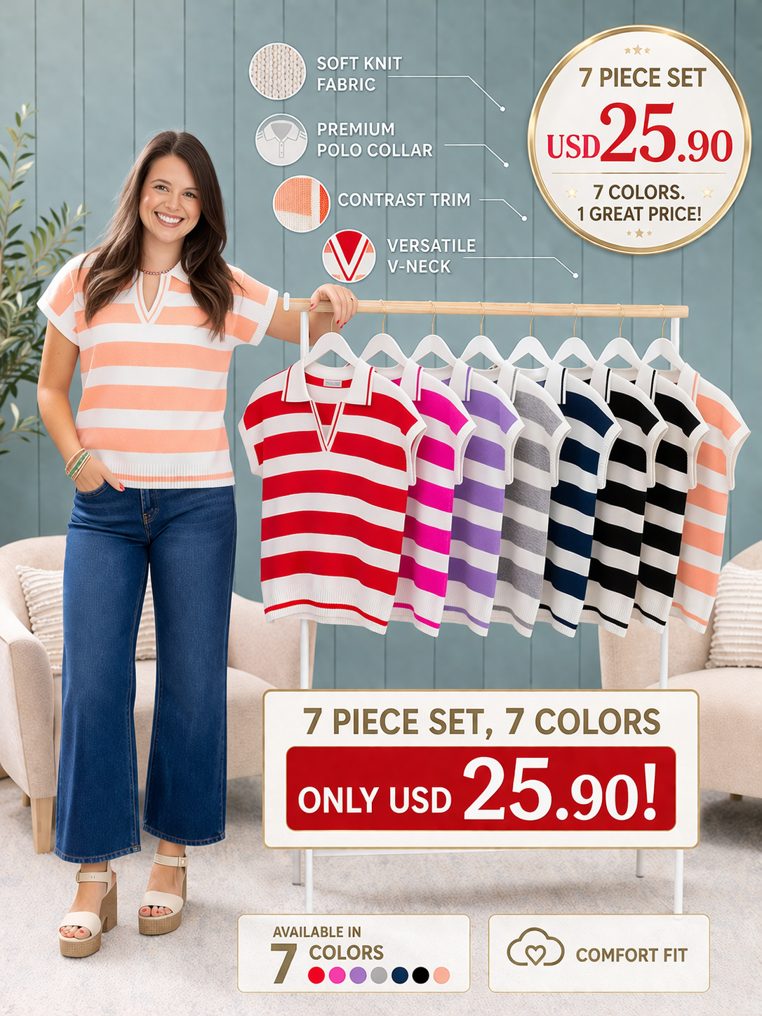[Massive Deal] 7-Pack Women's Striped Collared Short Sleeve Sweaters - Only $25.90 (Value Set)