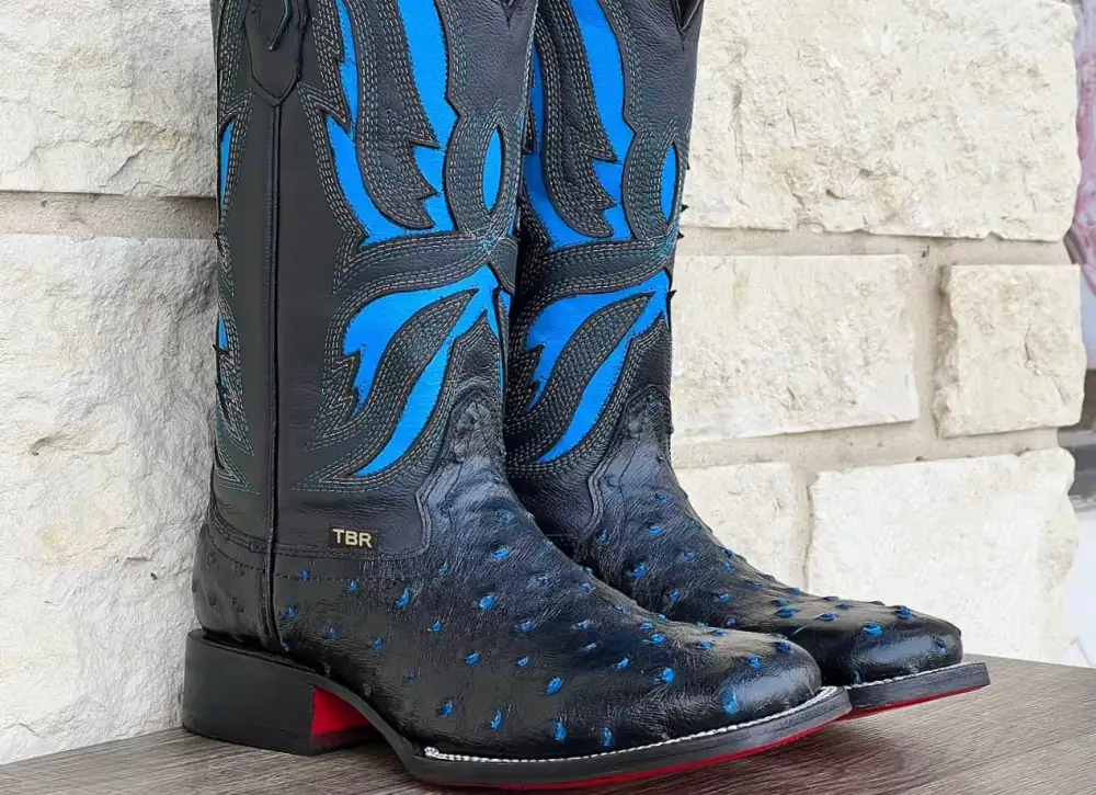 Men’s Black-Blue Ostrich Leather Boots With Red Soles