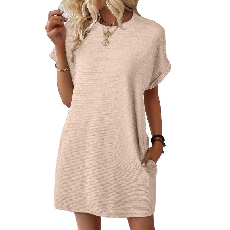 Women’s Casual Mini Dress – Lightweight Stretchy Short Sleeve Crewneck Dress for Summer & Beach Outfits