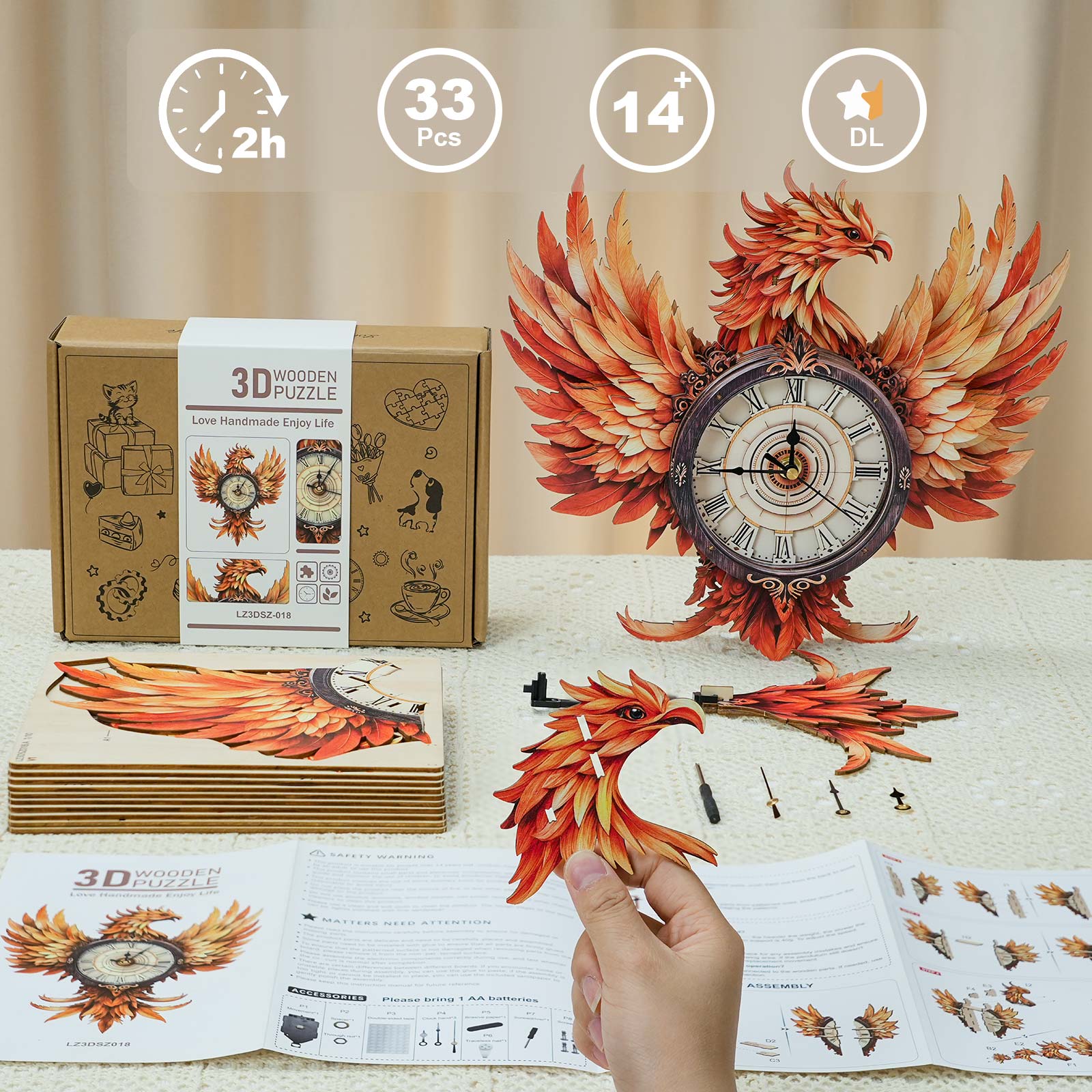 Fire Phoenix â€“ DIY Wooden Clock, 3D Puzzle Craft Kit
