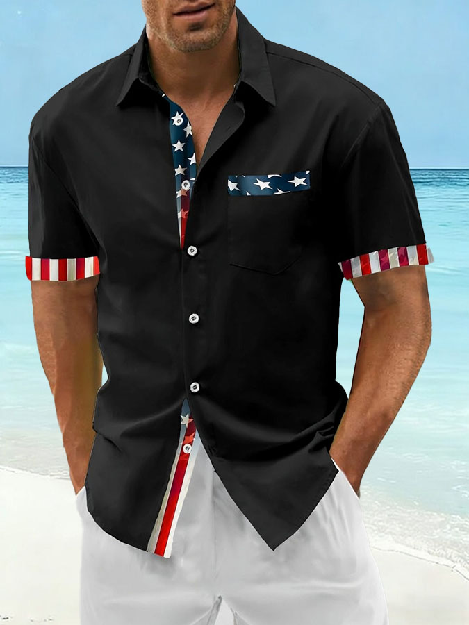 Men's Hawaii Vacation US Independence Day Celebration Printed Short Sleeve Shirt (Pocket included)