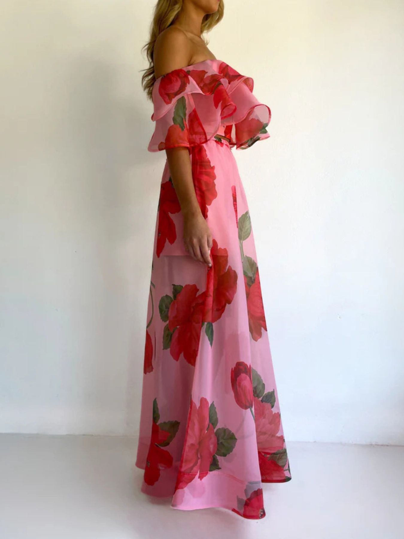 Polka Dot Ruffle Crop Top and Maxi Skirt Set