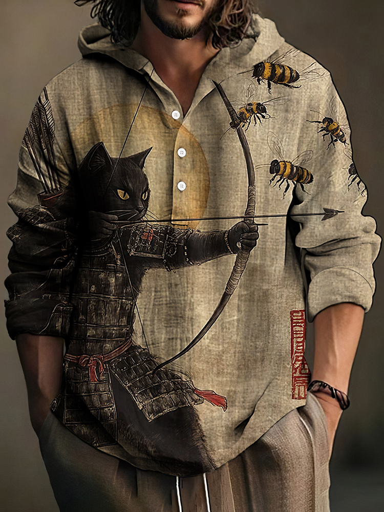 Men's Black Cat Tribal Warrior Japanese Kyudo Hooded Shirt