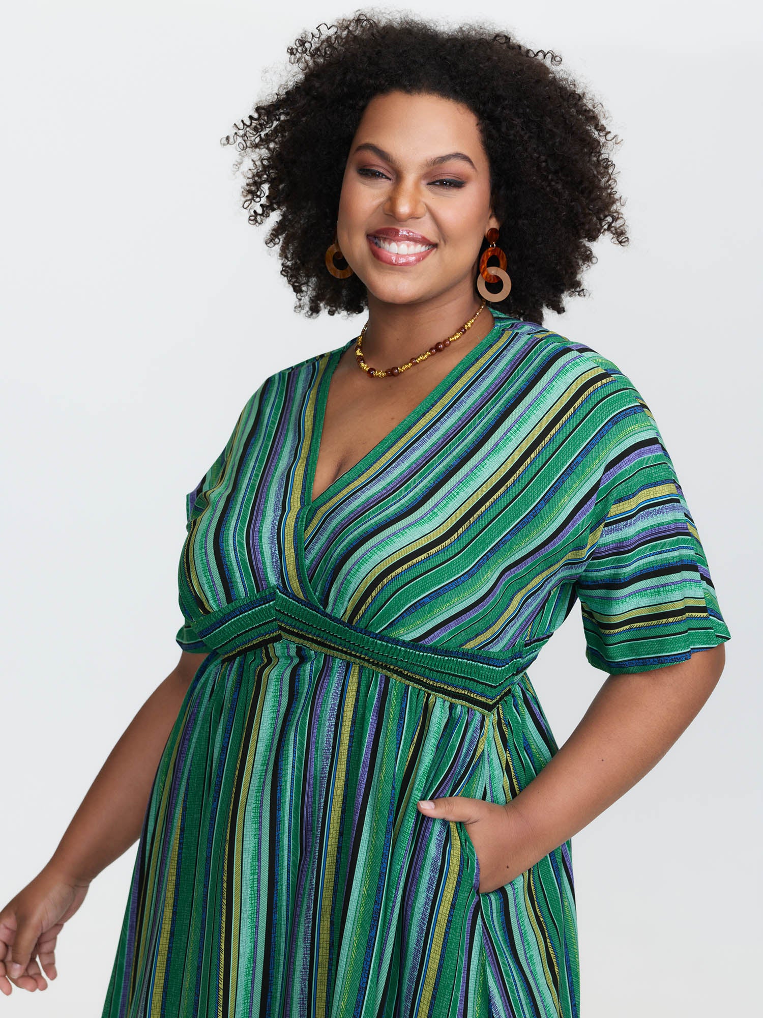 Striped Contrast Dolman Sleeve Shirred Pocket Split Flutter Dress