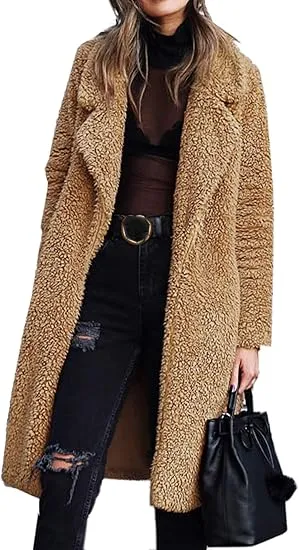 Women's Fuzzy Fleece Lapel Open Front Long Cardigan Coat Faux Fur Warm Winter Outwear Jackets Clothing Set
