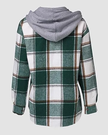 Women's Plaid Pattern Shacket  Hooded Jackets