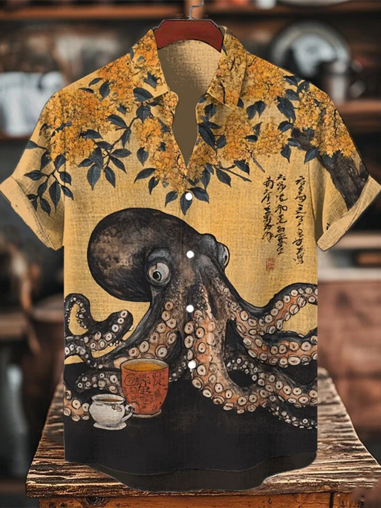 Men's Octopus Drinking Tea Under The Osmanthus Tree Art Print Short Sleeve Shirt