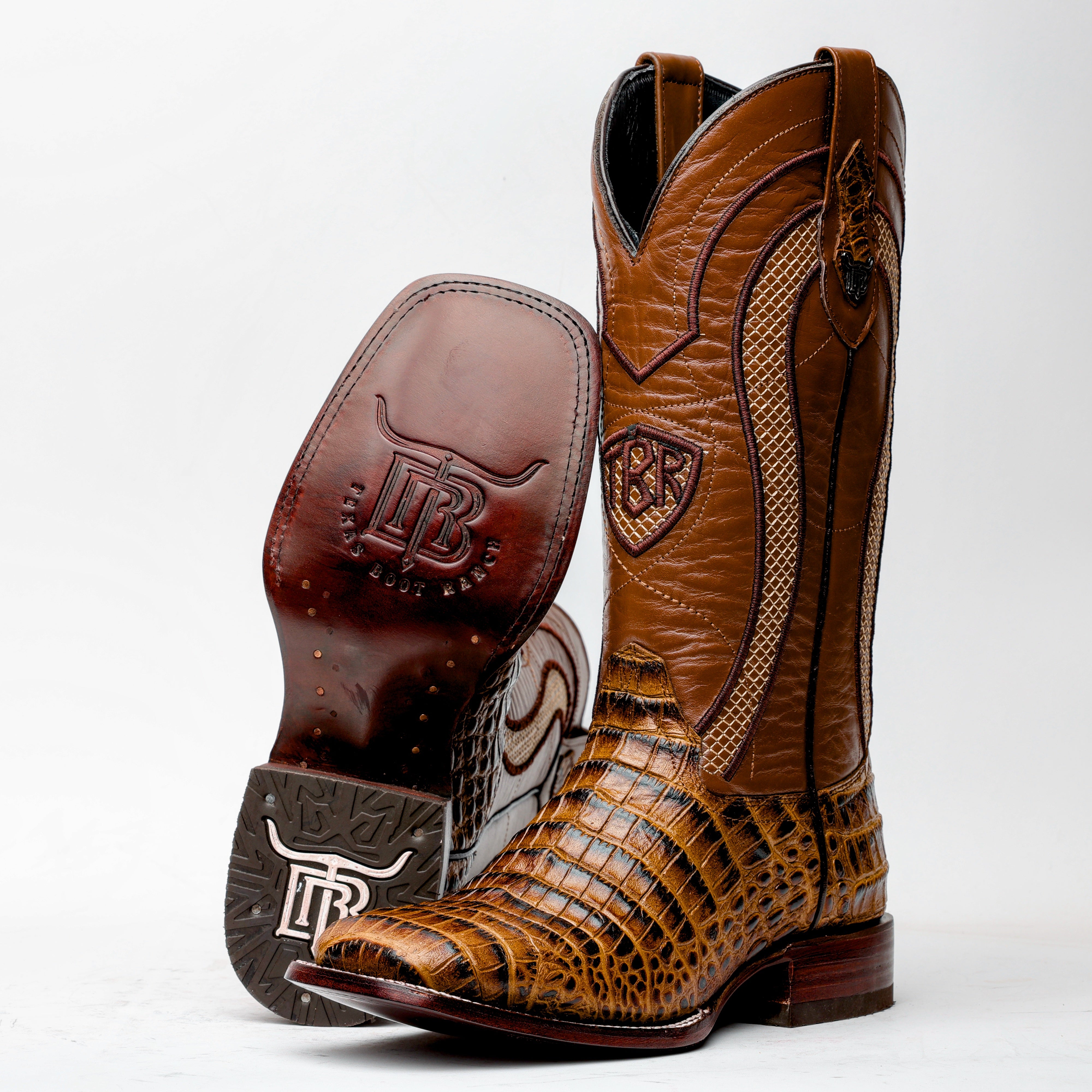 Honey Caiman Belly Leather Boots - Square Toe