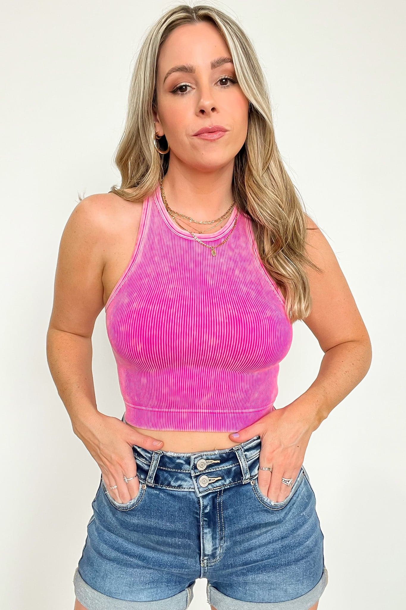 Washed Ribbed High Neck Cropped Tank Top