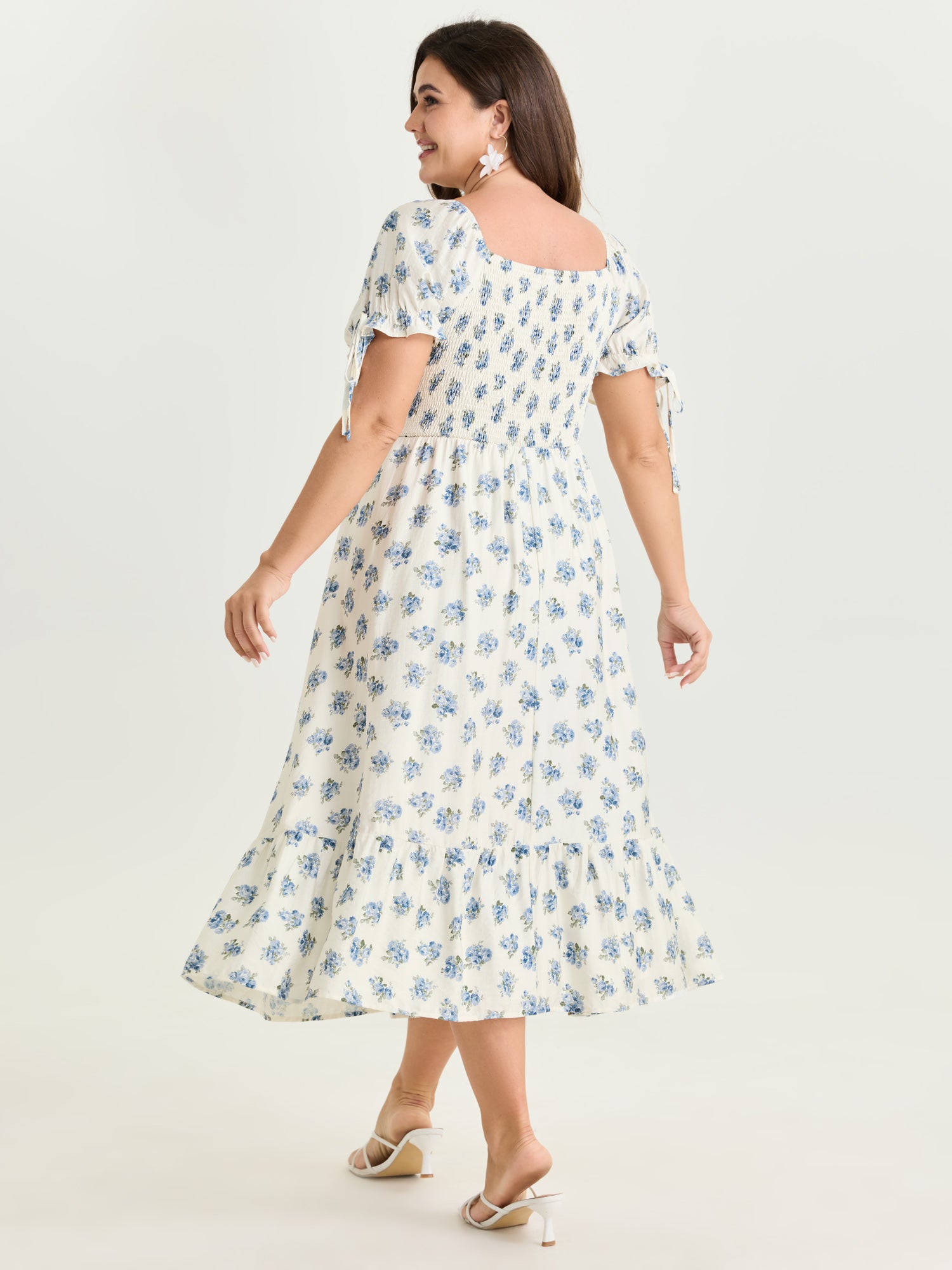 Floral Print Shirred Bodice Sleeve-Tie Maxi Dress