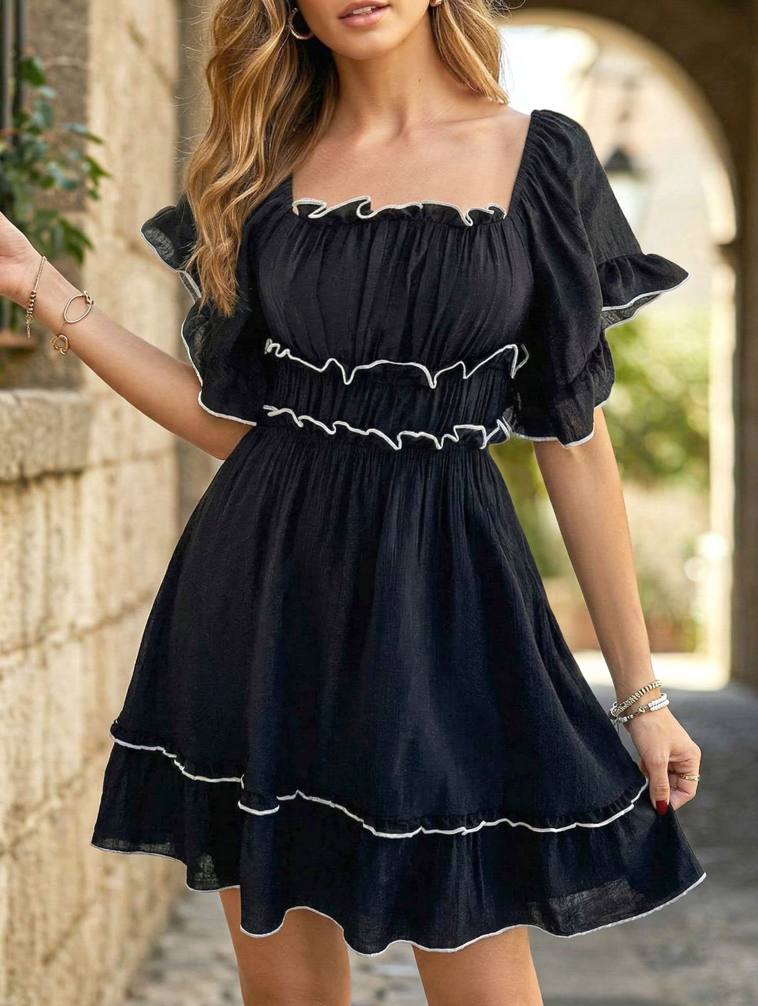 French Square Neck Ruffle A Line Dress