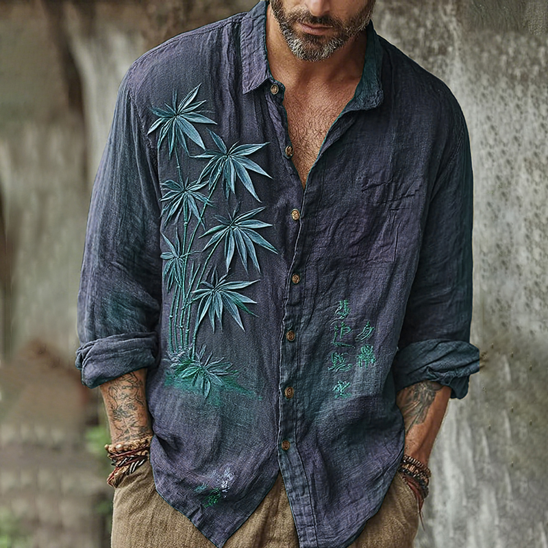 Men's Vintage Japanese Bamboo Embroidery Art Long Sleeve Linen Blend Shirt