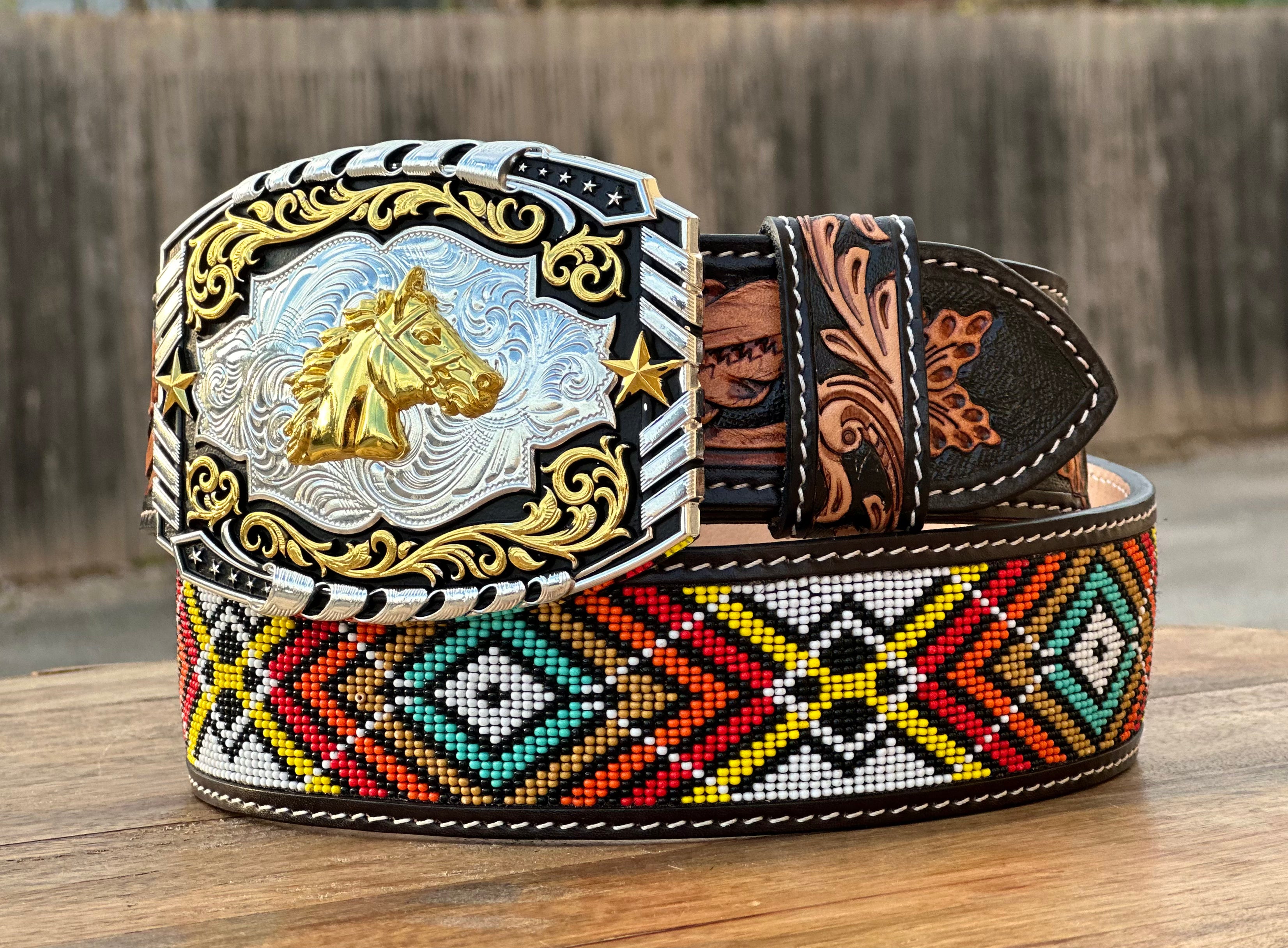 Hand-Tooled Artesanal Tabs With Multicolor Beaded Leather Belt ( Read Description Before Ordering)