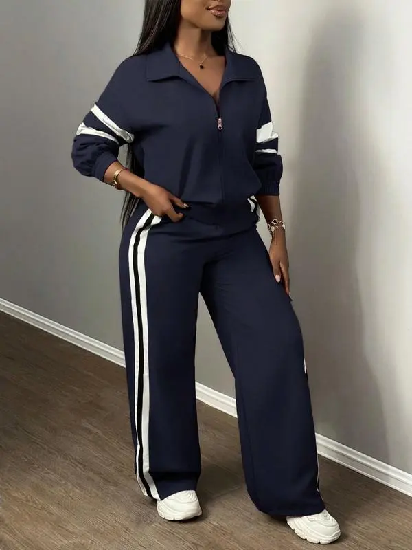 Women'S Zipper Jacket & Striped Wide-Leg Pants Set, Streetwear & Casual, Two-Piece Suit For Daily Wear