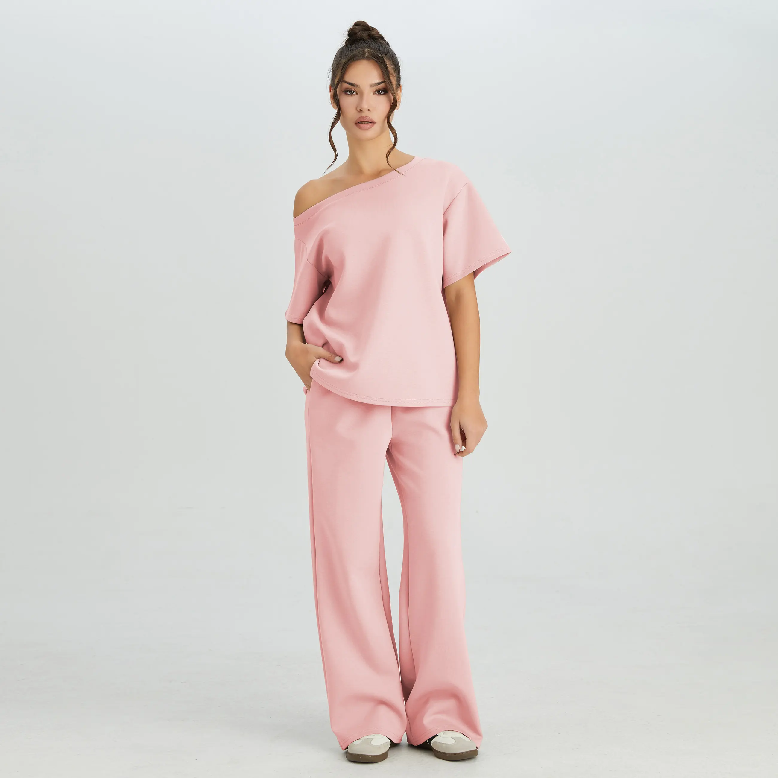 Women's Simple Style Solid Color Sloping Shoulder Short Sleeve Top & Drawstring Waist Wide Leg Trousers Co-ord Set