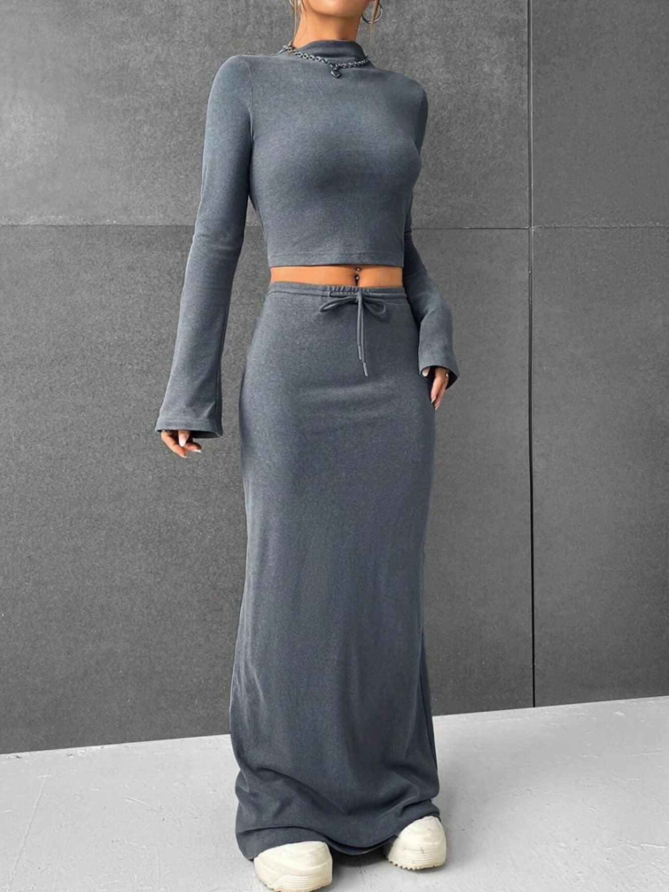 Long Sleeve Top & Drawstring Maxi Skirt Set