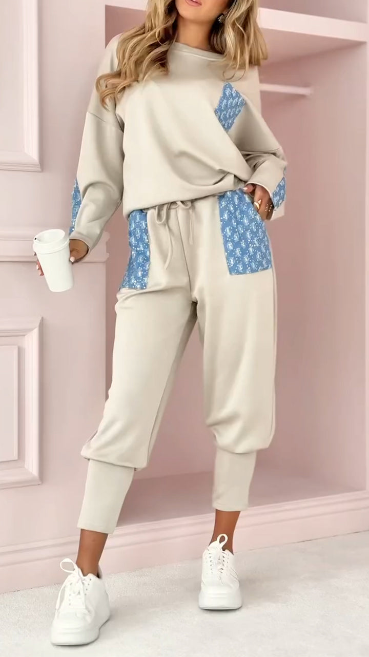 Women's Round Neck Patchwork Top + Drawstring Pants Casual Commuter Suit