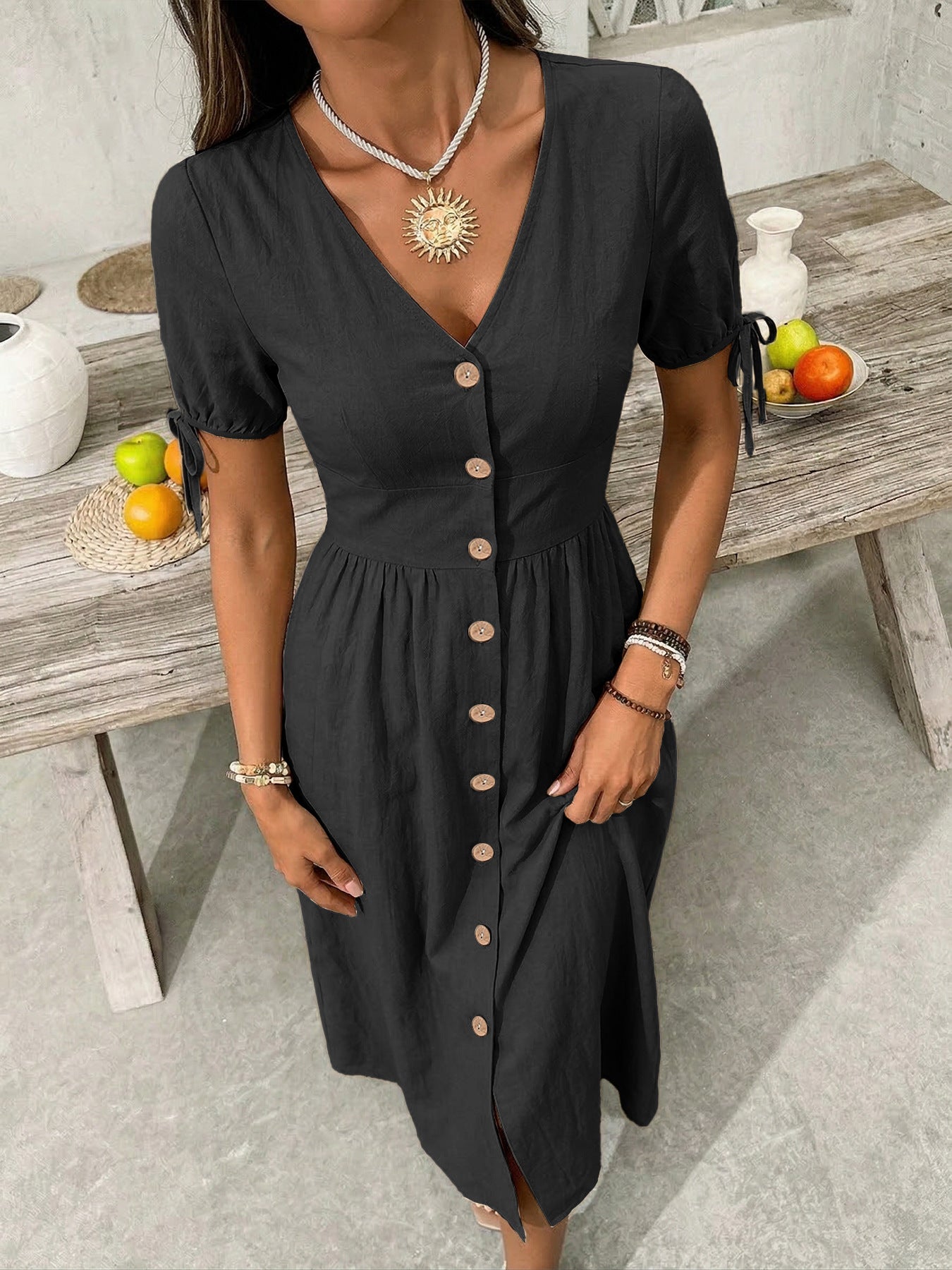 Button-Down Short Sleeve Midi Dress