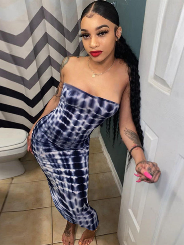 Tie-Dye Off-Shoulder Tube Top Bodycon Maxi Dress