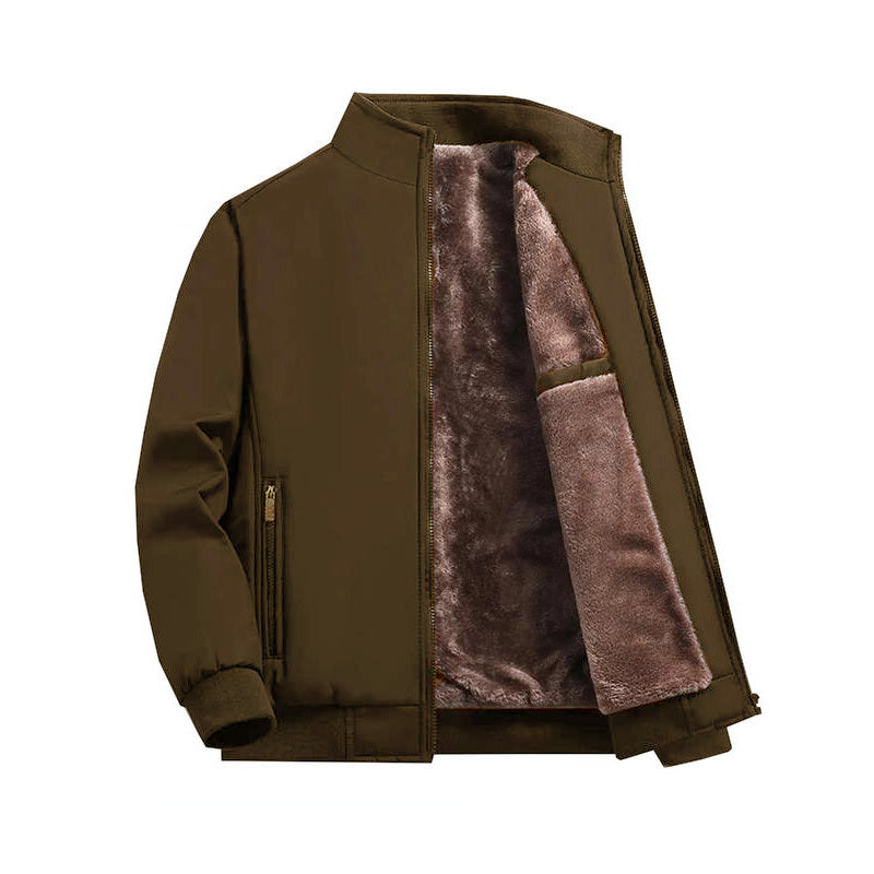 Men's Solid Color Funnel Neck Zip Up Practical Pockets Fleece Winter Jacket