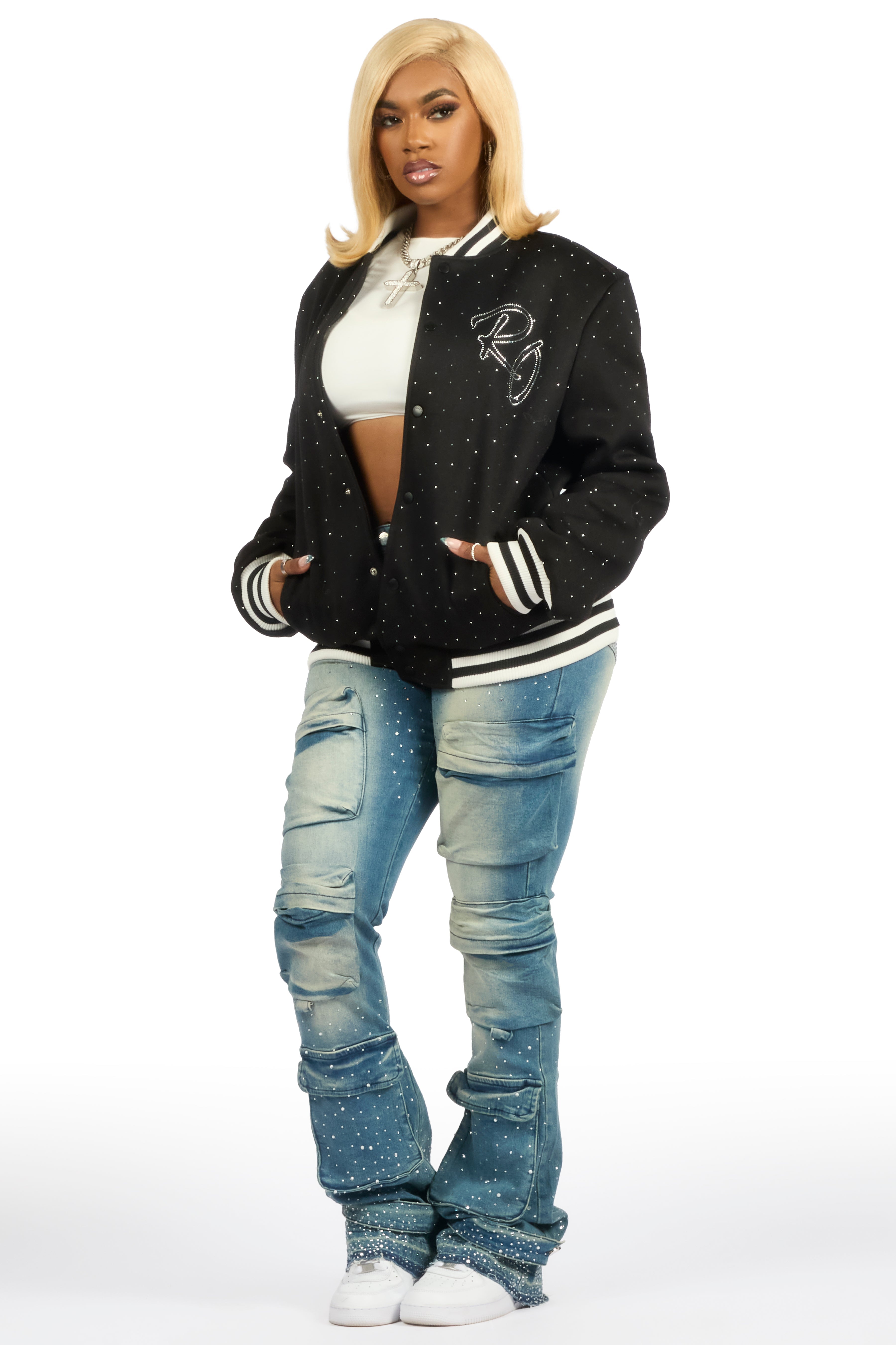 Alonza Black Rhinestone Varsity Jacket