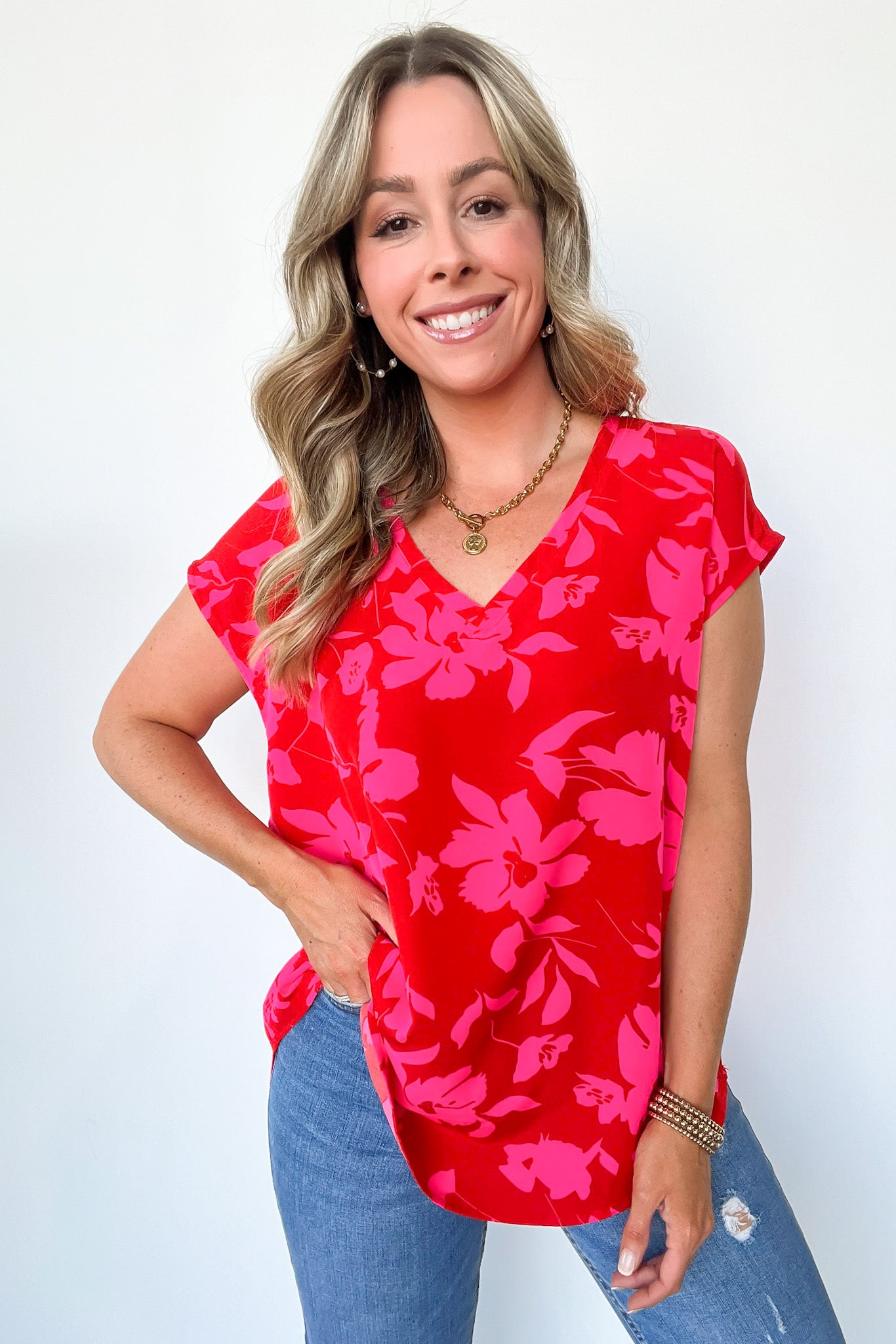 V-Neck Floral Cap Sleeve Top
