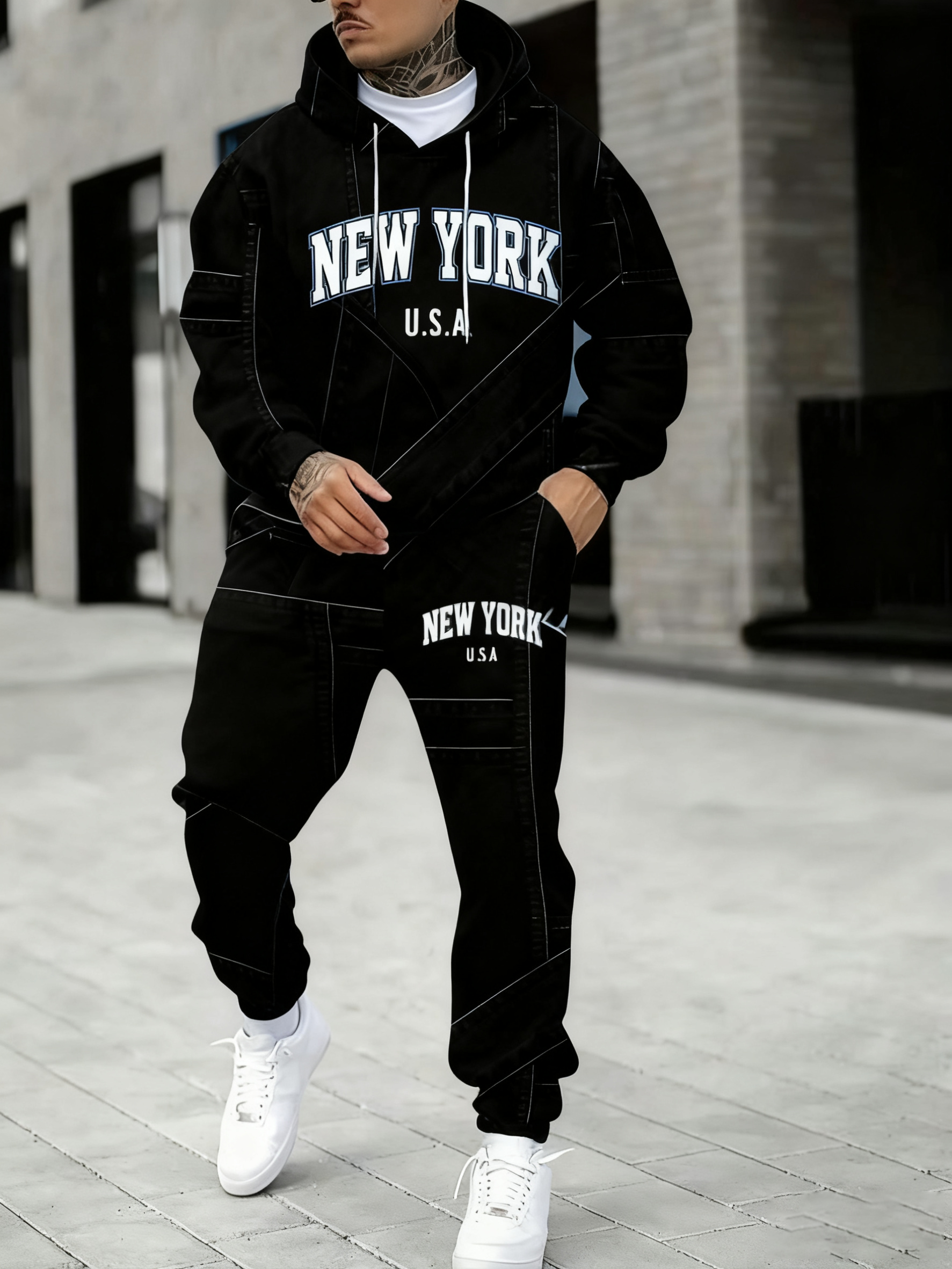 Men's Fall Winter Hooded Sweatshirt and Pants Set with 3D Denim Look
