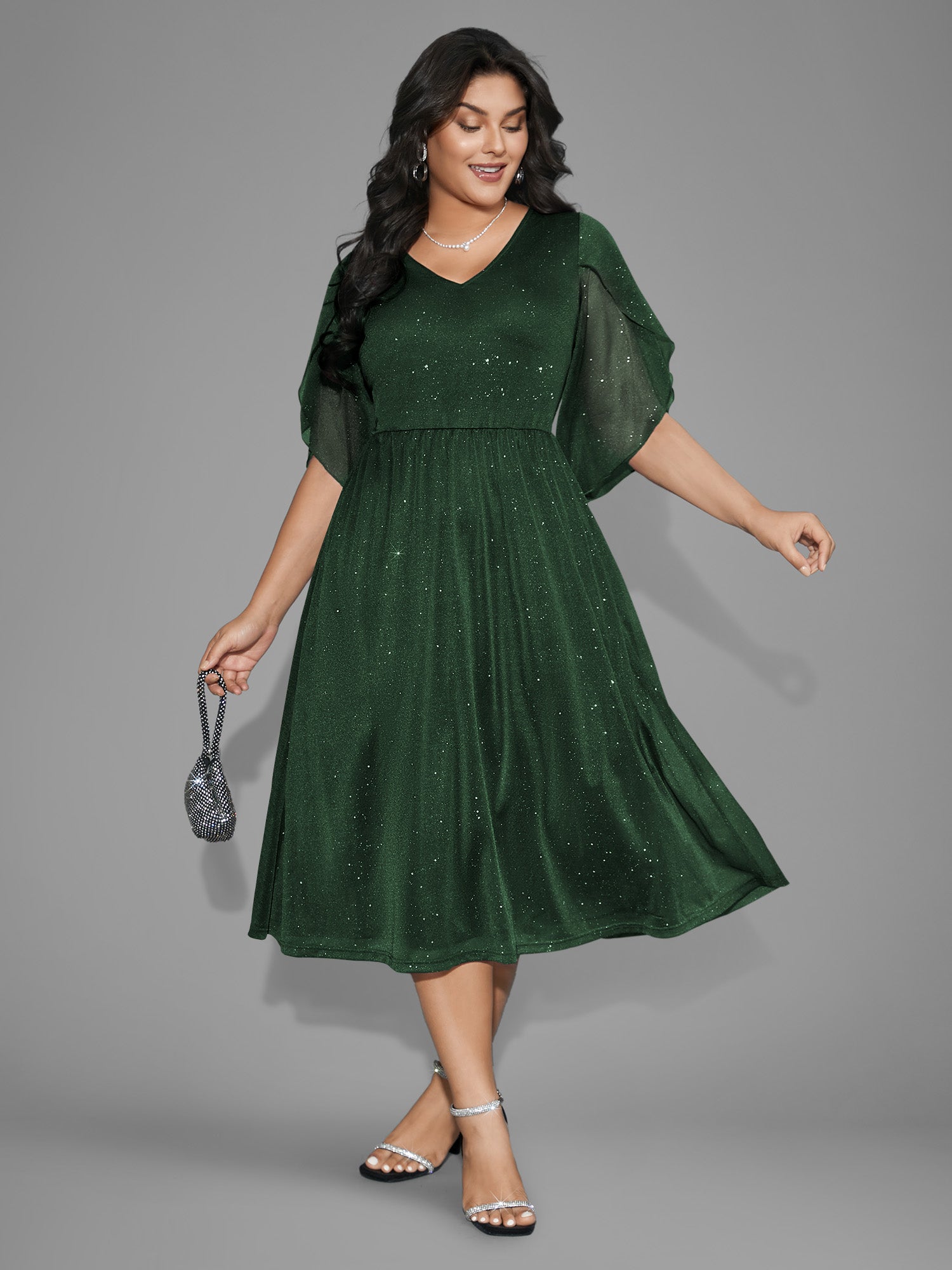 Glitter Mesh Petal Sleeve Midi Dress