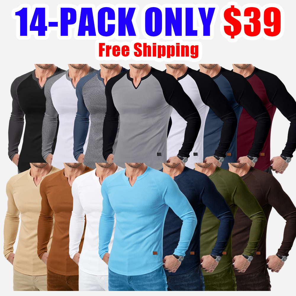 Men’s Long Sleeve Muscle T-Shirt – Ribbed V-Neck Longline Tee
