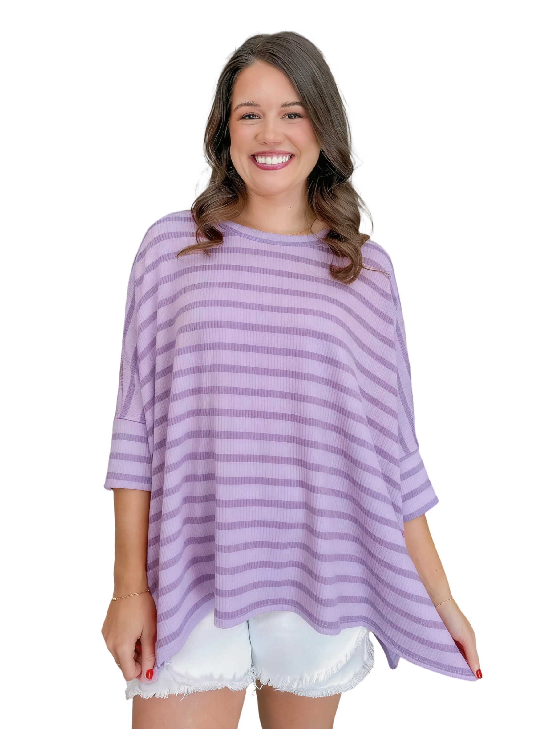 Women’s Spring Striped Raised Rib 3/4 Sleeve Top