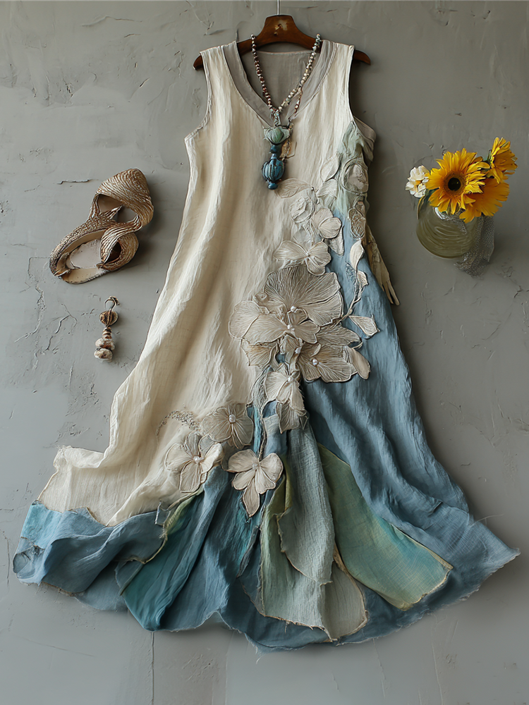 Women's Vintage Floral Embroidery Ombre Linen Dress