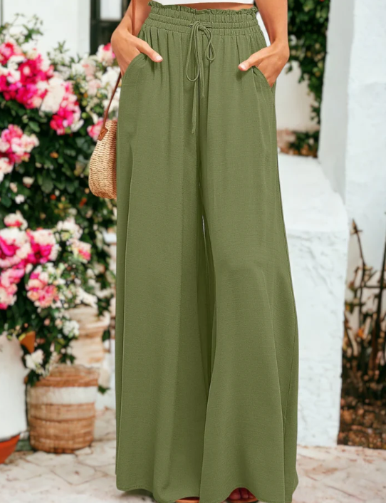 Shirred High Waist Gathered TiePalazzo Pants