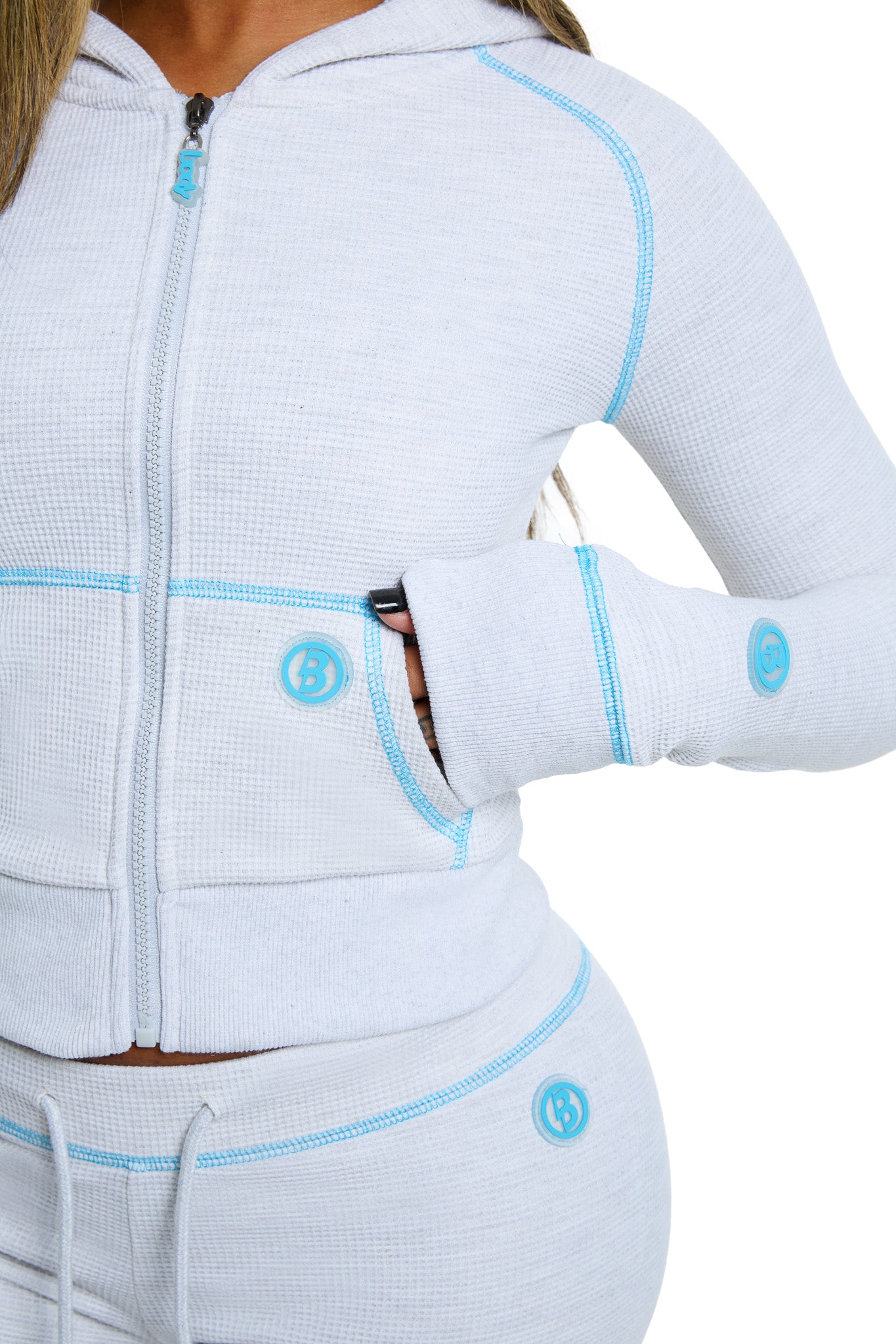WAFFLE KNIT HOODIE (HEATHER GREY/TURQUOISE)