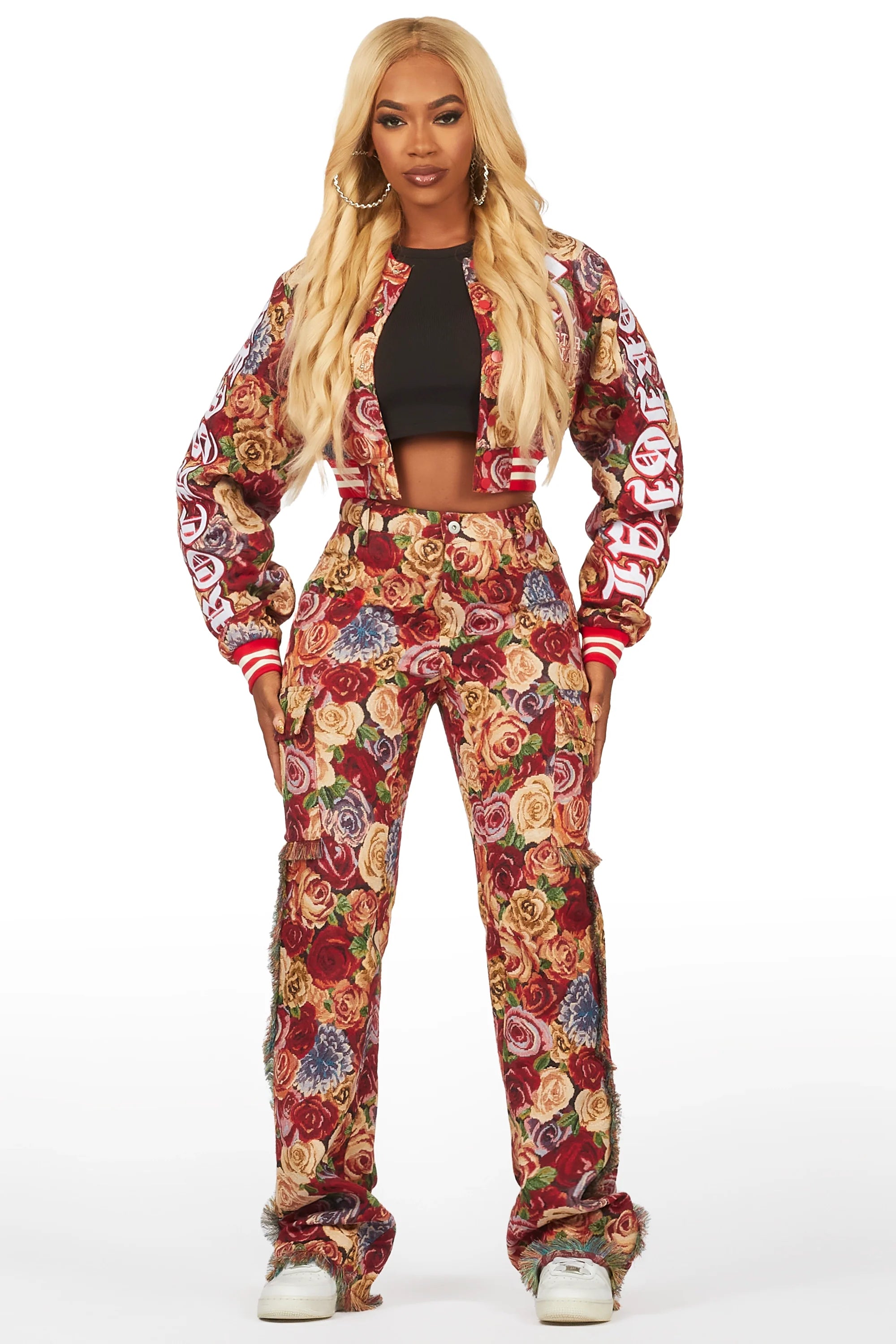 Darresha Red Crop Tapestry Varsity Jacket