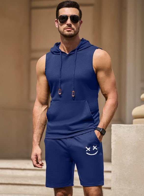 Men's Hoodie Short Set Workout Hooded Tank Top Solid Color 2 Piece Outfit Summer Sleeveless Tracksuits