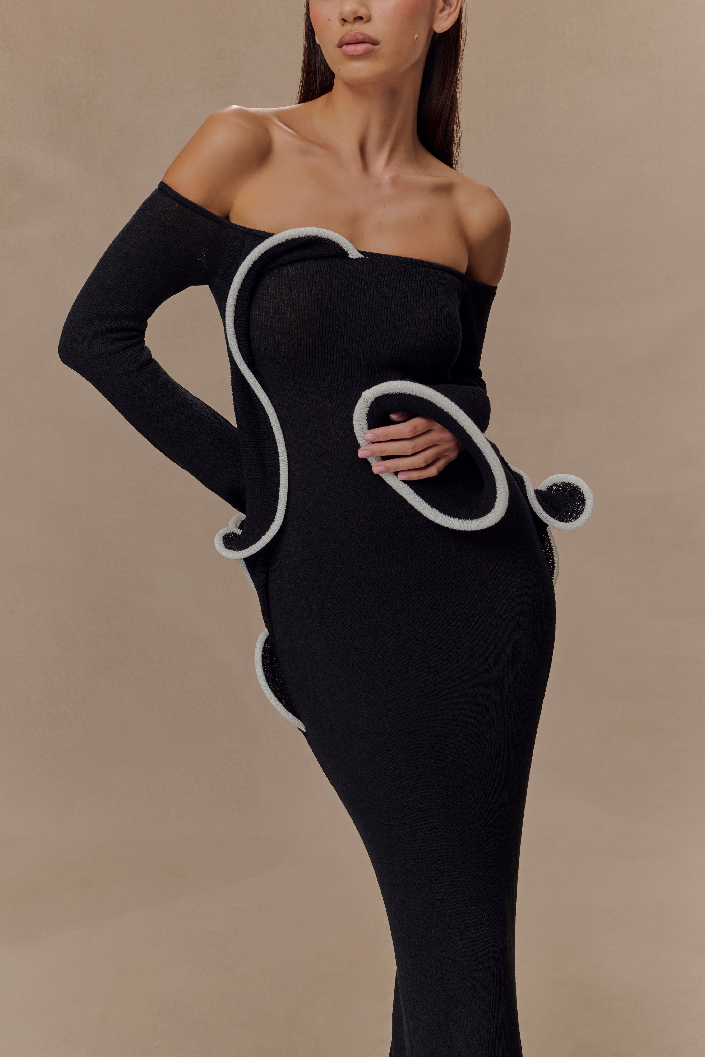 Black/white Off Shoulder Knit Maxi Dress