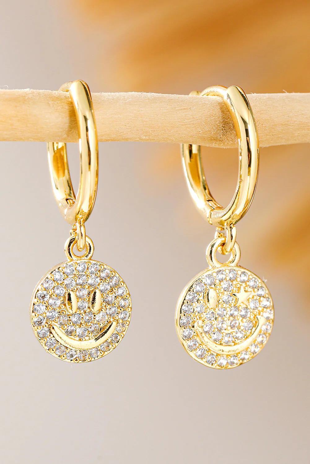 Gold Rhinestone Smiley Face Plated Hook Earrings