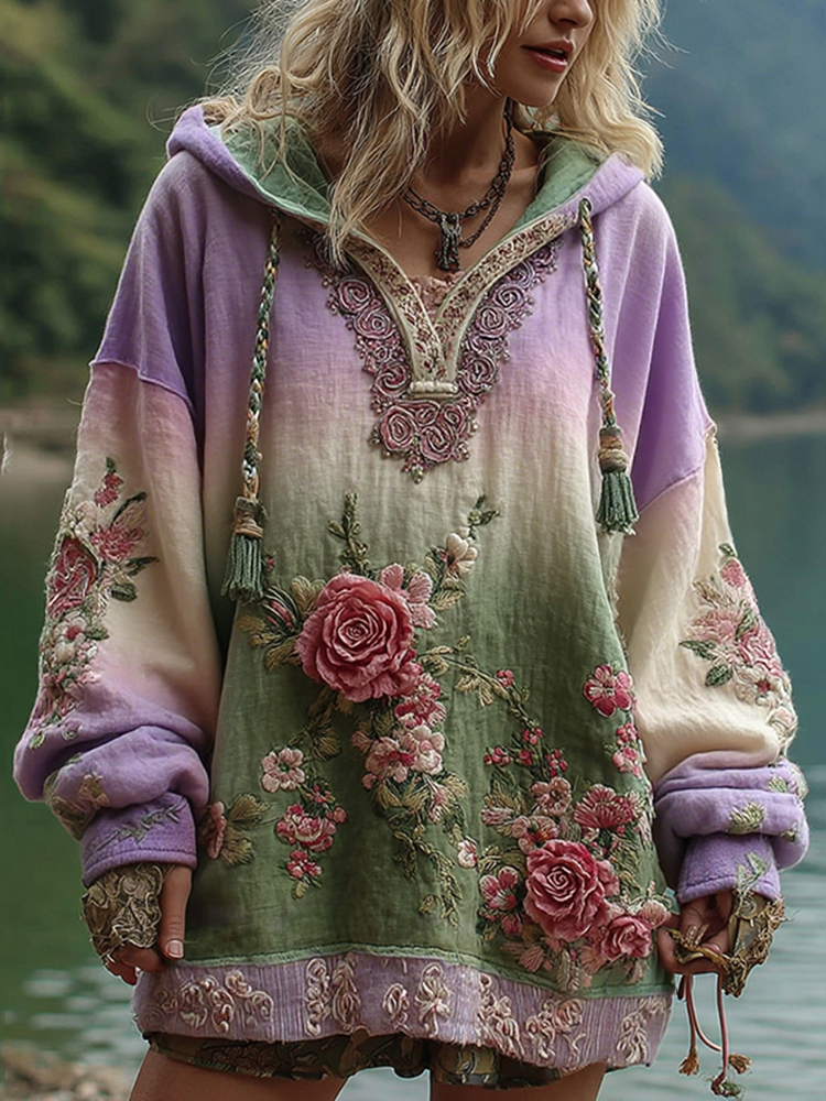 Love & Health Collection Vintage Rose And Floral Art Linen Long Sleeve Hoodie